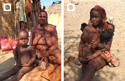 左のヒンバ族の女性が1番年配そうだった。裸族の赤ちゃんは飲みたいときにおっぱいにありつける様子