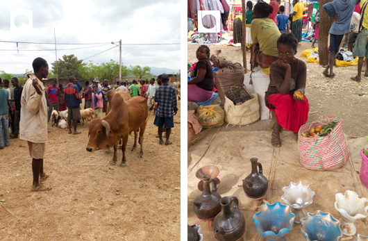 コンソマーケット、家畜売り場と陶器を売る少女