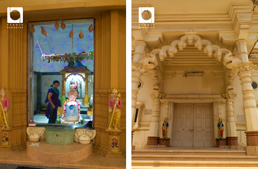 左：奥のリンガでお祈りをする女性　右：ヒンドゥー寺院の入り口